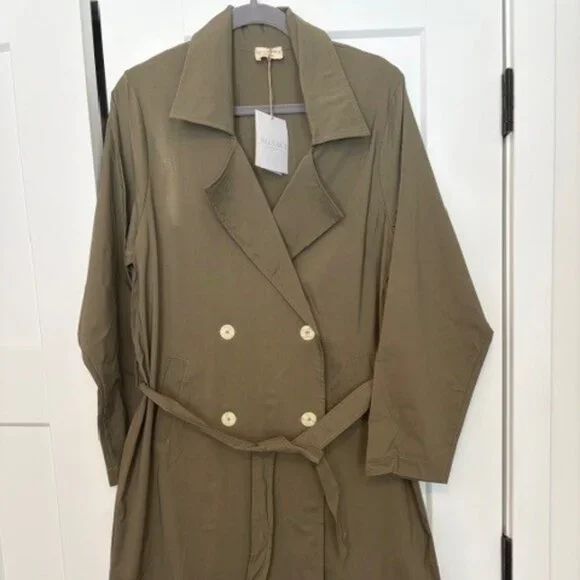 NWT Mus & BomBon Norte Trench Coat Olive Green | Lightweight Belted | Size S - Picture 2 of 7